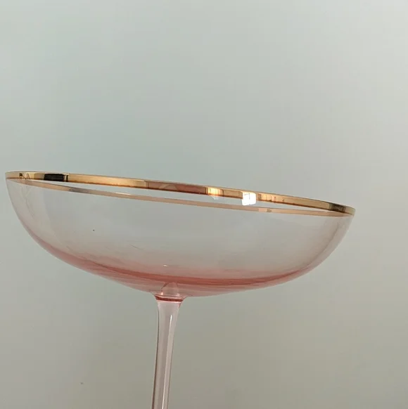 Anthropologie Elegant Pink Glass Champagne Coupe with Gold Rim - Picture 3 of 11